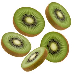 Fototapeta premium Sliced kiwi floating in midair with light reflections and juicy textures, isolated on a transparent white background