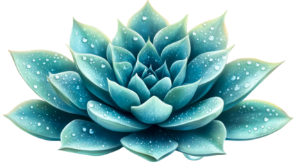 Succulent rosette with water droplets, aqua hue, isolated, cut out transparent