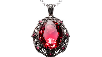 Red gem silver filigree pendant necklace, cut out transparent