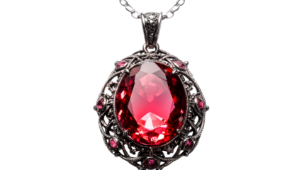 Red gem silver filigree pendant necklace, cut out transparent
