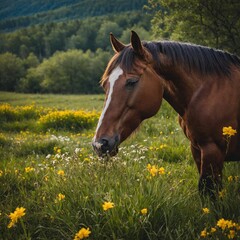 Fototapeta premium Horse Grazing in a Vibrant Spring Pasture