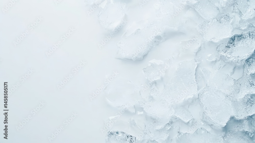Poster Ice cubes are melting on a light blue background, creating a refreshing texture with copy space, ideal for summer themed projects and designs