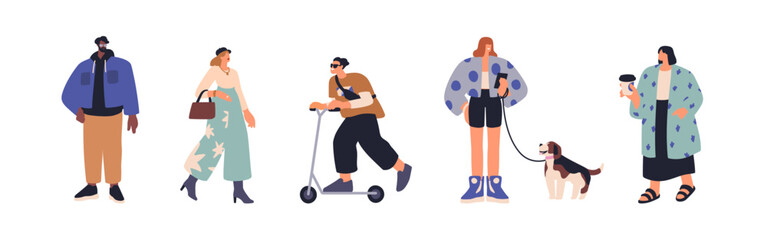 Young modern people outdoors set. Urban style men, women walking with dog, on scooter, drinking coffee on street. Fashion city characters. Flat vector illustration isolated on white background © Good Studio