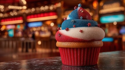 Sparkling red, white, and blue cupcake with star sprinkles, celebrating American Independence Day with festive patriotic dessert. Close-up of delicious Fourth of July sweet treat.