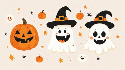 Cute cartoon Halloween faces with ghosts pumpkins and witch hat on pastel background for festive clipart design
