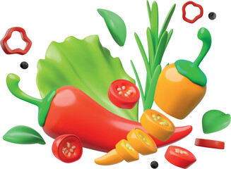 3D vector fresh vegetables: red, yellow pepper, whole and sliced, lettuce and green onion.