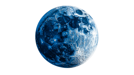 Detailed lunar surface in blue tones, lunar features, cut out transparent