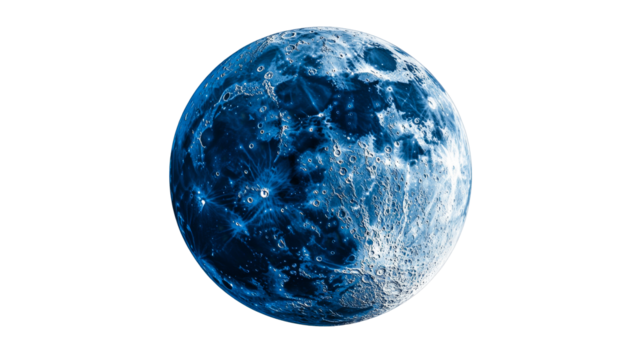 Detailed lunar surface in blue tones, lunar features, cut out transparent