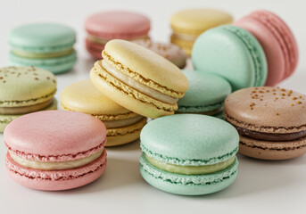 A delightful assortment of colorful macarons in a close-up studio shot.