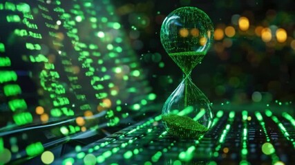 The laptop screen displays scrolling, glowing lines of green binary code and an hourglass symbolizing data processing, a digital countdown, or hacking into a technologically advanced workspace. - Powered by Adobe