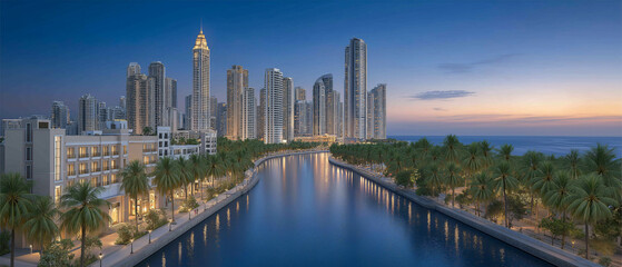  Cityscape Sunset: A stunning cityscape shimmers at sunset, with modern towers reflected on the tranquil water. Palm trees line the waterfront, enhancing the sense of beauty.