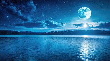 Full moon over serene lake at night, stars, clouds, and water reflections.
