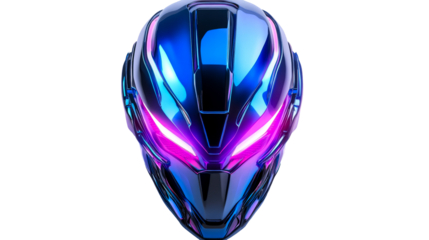 Futuristic helmet with glowing visor, neon iridescent hues, cut out transparent