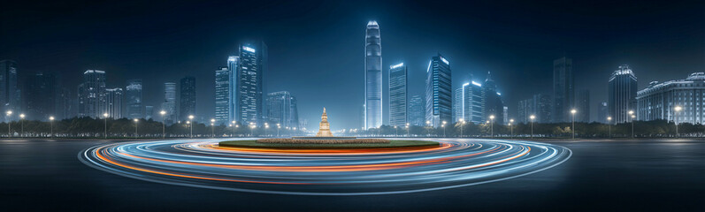 Urban Symphony in Blue: A mesmerizing panoramic view of a gleaming cityscape under a starlit sky. The cityscape is bathed in cool blue light, creating a futuristic and otherworldly aesthetic.
