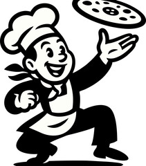 A Cheerful Cook Expertly Tosses A Pizza Depicted In A Stylized Retro Black And White Drawing