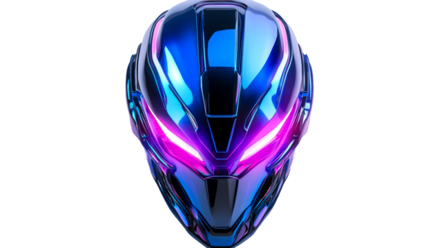Futuristic helmet with glowing visor, neon iridescent hues, cut out transparent