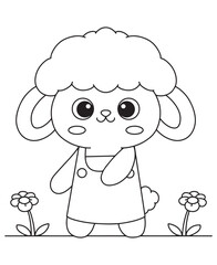 Coloring book cute lamb wearing overalls among the flowers.