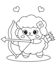 Coloring book cute lamb with a flower on its head dressed as Cupid with a bow and arrow,