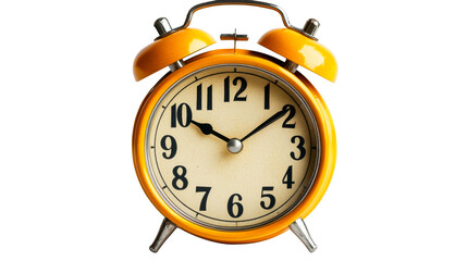 Vintage yellow alarm clock closeup view, time management, cut out transparent