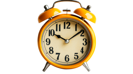 Vintage yellow alarm clock closeup view, time management, cut out transparent