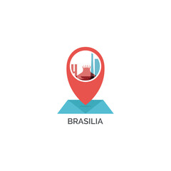 Brazil, Brasilia map pin point, geolocation, skyline shape vector logo, icon, isolated illustration. Web emblem template with landmarks and building silhouettes