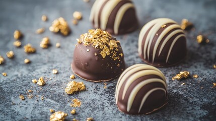 Obraz premium Gourmet chocolate truffles with gold leaf on dark background.