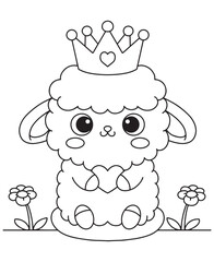 Coloring book lamb wearing a crown with a heart and holding a heart