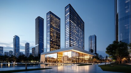 Obraz premium Modern skyscrapers with sleek glass facades in a vibrant urban setting at dusk.