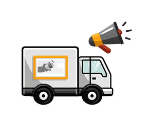 Delivery truck with loudspeaker for announcement purposes on a transparent background, cut out