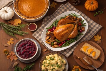 Traditional Thanksgiving table with baked turkey, pumpkin pie, cranberry sauce and other festive dishes. High quality photo
