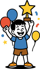 A Cheerful Boy Celebrates Victory Holding A Star Trophy Aloft Surrounded By Festive Balloons