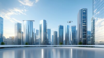 Fototapeta premium Futuristic skyline with skyscrapers and a drone flying above a reflective surface.
