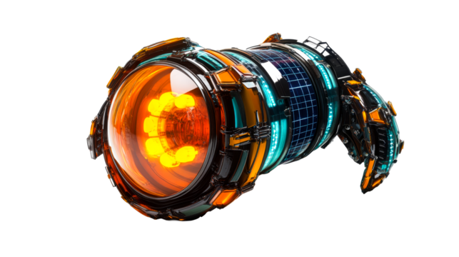 Futuristic mechanical device, orange and blue glowing, cut out transparent