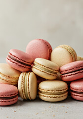 Fototapeta premium Close up of a pile of delicious, colorful macarons in various flavors and colors.