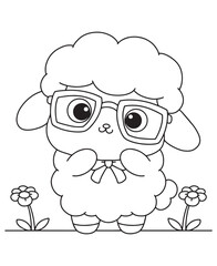 Coloring book cute lamb wearing glasses and a bow tie 