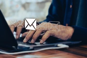 Business email communication in the digital age new messages and alerts. Inbox with email Marketing Strategy and Notifications. internet technology. businessman using smartphone with email.