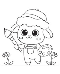 Coloring book lamb wearing a beret and overalls, holding a paintbrush and palette