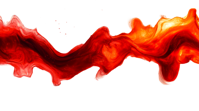 Swirling fire-like red paint pour effect on black, cut out transparent