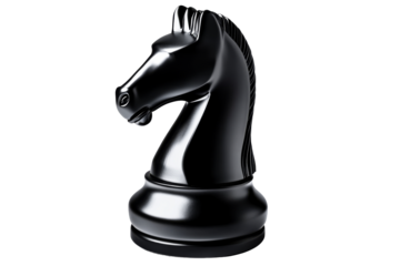 Shiny black knight chess piece on black, cut out transparent