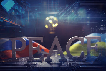 Double exposure Peace Word and abstract technology background. International conflict, American...