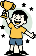 A Cheerful Child Joyfully Holds A Golden Trophy Aloft Surrounded By Twinkling Stars In Celebration