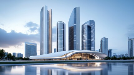 Obraz premium Modern city skyline featuring sleek skyscrapers and reflective water at dusk.