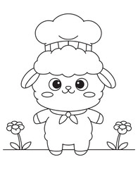 Coloring book lamb wearing a chef's hat and neckerchief among the flowers