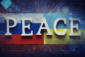 Double exposure Peace Word and abstract technology background. International conflict, American...