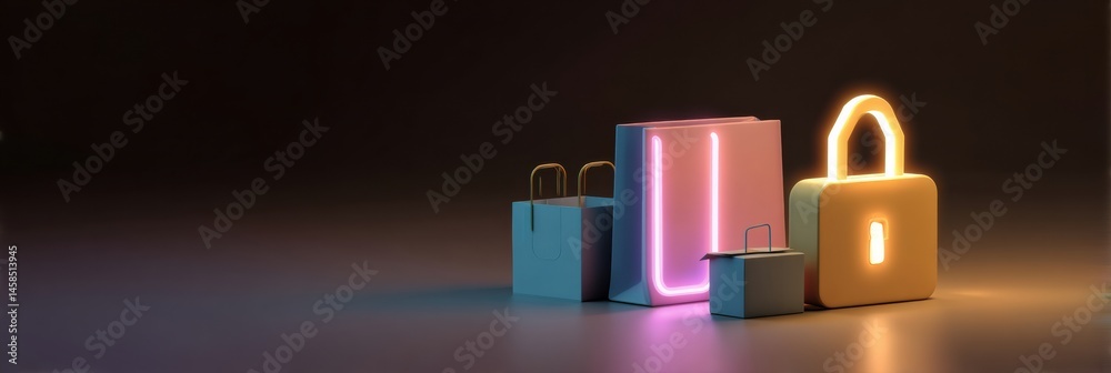 Leinwandbilder Secure Online Payment Concept Featuring Glowing Lock and Package Icons in a Modern Setting Generative AI