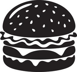 Simple black and white illustration of a classic hamburger.