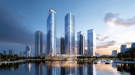 Fototapeta premium Stunning modern skyscrapers reflecting on water during sunset in an urban landscape.