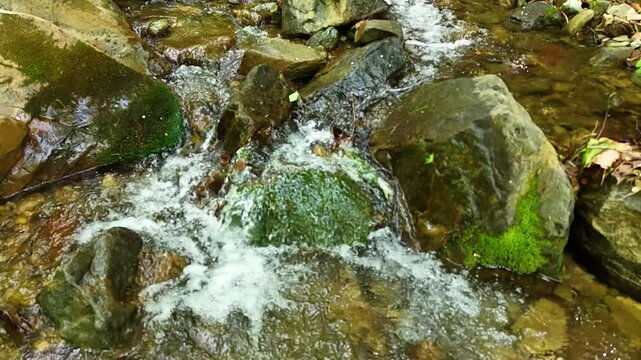 Valley for Summer Vacation ,Slow Motion ,Clear Stream flowing over rocks and rocks ,Rich Valley in slow motion ,Crystal clear water spills over rocks ,Silent natural scene ,Silent flowing riverbed