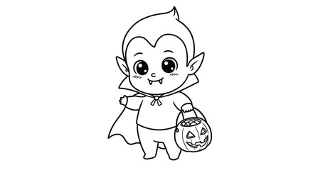 Spooky Baby Vampire Holding Candy Bucket Halloween Coloring Page
