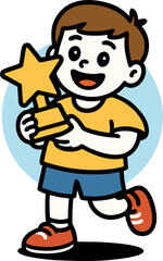 A Cheerful Cartoon Boy Beams While Holding A Shining Gold Star Trophy Celebrating Victory